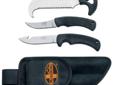 Includes hunting knife with gut hook, caping knife, and compact saw.Specifications:- Limited lifetime warranty. - Hunting Knife with Gut Hook- Caping Knife- Compact Saw- 440 Stainless Steel Blades- Sure-Grip Rubber Handles- Nylon Sheath- Limited Lifetime