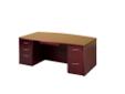 ***** FACTORY BLOW-OUT ***** FACTORY BLOW-OUT ***** FACTORY BLOW-OUT ***** BUNKER HILL SERIES!
Wood veneer Exe. Bow Front Desk with 2 full pedestals (box/box/file & file/file) with center drawer, locks and silver handles.
Wood-Oxblood Mahogany Finish