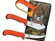 Featuring bright orange handles so you'll never lose your knife again. Lightweight 4-piece combo is ideal for skinning and deboning big game. Includes a 4.25" Gut-Hook Skinner, 4.8" Boning Knife and Carbide sharpener to keep that razor sharp edge. Mossy