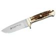 The Elk Hunter Stag-Handled knife is handcrafted from high-grade 440C steel and each .14 inch-thick blade bears the distinctive ?diamond needle? proof mark of a Rockwell Hardness tester that verifies the proper hardness of the blade. The hollow-ground