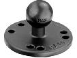 The (RAM-B-202U) RAM marine grade aluminum base contains a 1" diameter rubber ball connected to a flat 2.5" diameter base. This mount has pre-drilled holes, including the universal AMPS hole pattern. Material: Powder Coated Marine Grade Aluminum Ball