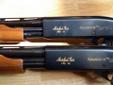 a "Matched Pair" of Remington 870 Wingmaster Skeet guns. These were manufactured in 1969-1970. One is a 28-gauge, the other is a .410 bore and each is marked "Matched Pair No. 62" with gilded engraving. They have 25 inch vent rib fixed skeet barrels and