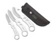 Big Game 3-Piece Cleaning Kit- Solid 440 Stainless Steel tip to tip- Blade lengths: 3" Guthook, 3" Skinner & 2 7/8" Caping blade- Overall lengths: 7 1/4" Guthook, 7 3/8" Skinner & 6 1/2" Caper- All knives fit in black nylon sheath for easy carry- Easy