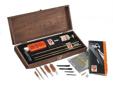 An extremely versatile kit packed in a heavy-duty presentation box featuring a dark stain and strong finger joints (14 1/4" x 5 1/2" x 2 1/4") Kit Includes: - Five phosphor bronze brushes to fit 22 & 30 caliber rifles, .38 caliber pistols, and 20 and 12