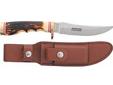 Schrade Uncle Henry Golden Spike Specifications:- 9 1/2" overall length- 5" stainless blade- Imitation stag handle with brass finger guard and pommel- Brown leather belt sheath with pocket for sharpening stone- Sharpening stone included
Manufacturer:
