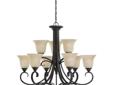 Nine Light Chandelier Chestnut Bronze Finish Seeded acid etch with cafe tint Glass Part of The Del Prato Collection 9 medium 100w Supplier with 12 feet of wire Supplier with 10 feet of chain Easily converts to LED with optional lamping UL Dry Listed cUL