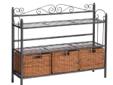 Elegant and beautiful, this three-drawer shelf will help with storage, display and organization all in one. The lower shelf holds three hand stained rattan baskets that can be removed or carried with you. Two upper shelves provide ample and convenient