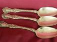 This is a set of matching spoons marked "1835 Wallace" with a floral pattern. Patent date is May 12 1902. Each spoon is 7" long. $30 for the set of 3.
I have many other silver plated items. Mostly flatware. Also over 250 pieces of Sterling Silver. A wide