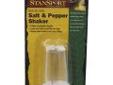 "
Stansport 343-P Side by Side Salt & Pepper Shaker
""Side by Side"" Salt & Pepper Shaker Made of durable plastic. Leak and spill proof flip-up caps. Removable bottom for easy filling."Price: $1.32
Source: