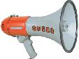 Deluxe Megaphone with SirenER370Our 16 watt deluxe megaphone features a built-in switch selectable electronic alarm siren, pistol grip, press to talk switch, volume control, and shoulder strap. It is weatherproof. It uses eight C-batteries, which are not