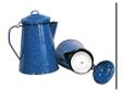 Enamel Coffee Pot, 12 Cups with Percolator This product is made of high quality durable steel which is molded into the appropriate shapes and double coated with extra heavy glaze enamel and then kiln dried to a brilliant Royal Blue color with White