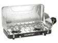 Outfitter Series Ultra High Output 50,000 B.T.U. Propane Stove- Each oversized stainless steel burner produces 25,000 B.T.U.'s. (Fuel canister not included)- Each burner has its own wind screen for maximum heating.- Stainless steel drip pan.- Extra heavy