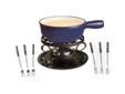 Cheese fondue is a traditional Swiss dish, fun to serve and enjoyable to eat. This traditional style cast iron cheese fondue set includes a red cast iron fondue pot, a black wrought iron warming stand, six cheese fondue forks and a dual function burner.