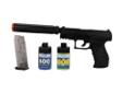 Walther PPQ Special Operations Airsoft Spring Pistol Combat Kit by Umarex - BlackFeatures:- Fully Licensed Walther Trademarks- Made from High Strength Polymer- Threaded Mock Silencer- Package comes with 2x Magazines, 400 Regular BBs, and 400 Nightglow