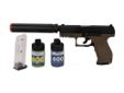 Walther PPQ Special Operations Airsoft Spring Pistol Combat Kit by Umarex - Tan/BlackFeatures:- Fully Licensed Walther Trademarks- Made from High Strength Polymer- Threaded Mock Silencer- Package comes with 2x Magazines, 400 Regular BBs, and 400 Nightglow