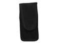 Quick-on, quick-off with strong belt clip. Cordura nylon shell with closed-cell foam padding and knit lining. Rounded flap with Velcro closure. Fits most 9mm, .40 and single row .45 and 10mm magazines and large folding knives.
Manufacturer: Uncle Mike'S