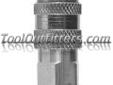 Lincoln Lubrication 5862 LIN5862 Universal Air Coupler
Features and Benefits:
Fits ARO style nipples for 1/4" ID hose
300 psi maximum operating pressure
1/4" NPT inlet
Maximum airflow: 38 scfm at 100 psi
Price: $10.32
Source: