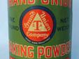 Vintage Grand Union Baking Powder one pound tin dating from the 20s or 30s.It has its original paper label in great colors of green with black , cream and faded red lettering. The top lid has raised lettering. It's in very nice condition for it's age.