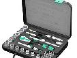 38 piece set in strong metal case1 Zyklop ratchet with 3/8" drive, 12 Zyklop sockets (Imperial), 2 Zyklop "flexible lock" extensions (short and long) with freewheel sleeve, 1 sliding T-handle, 1 wobble extension, 1 universal joint, 1 adaptor with