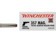 Winchester's Jacketed Hollow Point bullet offers positive expansion, proven accuracy, a notched jacket and solid nose design.Symbol: X3574P*Caliber: 357 MagnumBullet Weight: 158 GrainsBullet Type: Jacketed Hollow PointUser Guide: Personal Protection,